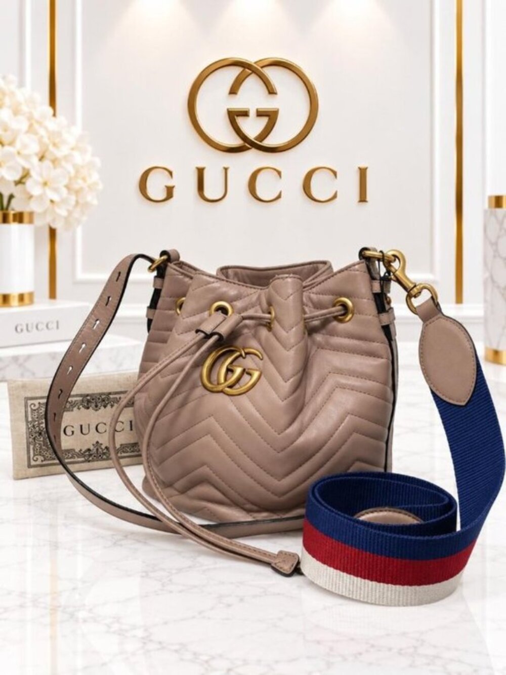 Authentic Gucci GG Marmont Matelassé Bucket Bag Leather Crossbody